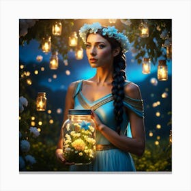 Fairy Girl Holding Jar Of Flowers Canvas Print