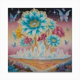 A Surreal Scene Featuring Giant Flowers Sprouting From Floating Islands With An Interesting Blend Of Coral Reefs, Butterflies, And Stars 1 Canvas Print