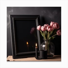 Black Frame With Flowers And Candle Canvas Print