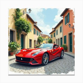 Ferrari Parked On A Watercolor Quaint Village Street With Cobblestones 1 1 Canvas Print