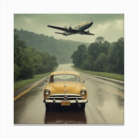 Airplane Flying Over A Yellow Car Canvas Print