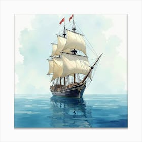 Majestic Galleon Sailing Through Watercolor Calm Seas 1 Canvas Print