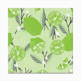 Lime Pattern With Floral Decoration On Pastel Green Square Canvas Print