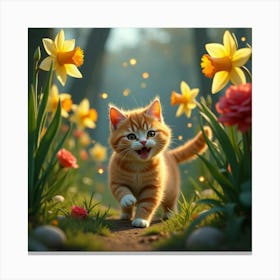 A Playful Cat Chasing Glowing Fireflies Through A Garden Of Oversized Daffodils And Roses Canvas Print