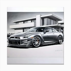 A Highly Detailed Pencil Drawing Of A Sleek, Silver Nissan GTR R35 In Front Of A Contemporary, Modern House 2 Canvas Print