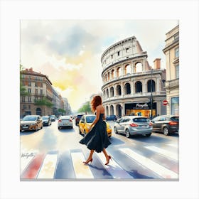 Woman Crossing The Street In Rome 1 Canvas Print