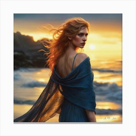 A Red Hair Beauty At The Beach In Sunrise Photo Real Art Paint Canvas Print