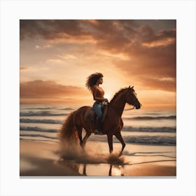Woman Riding Horse At Sunset Canvas Print