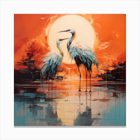 Gilded Horizons: Two Cranes in Impressionistic Dance Canvas Print