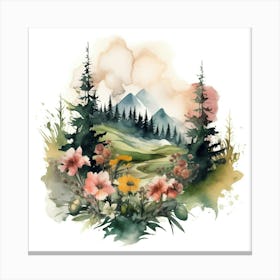 Watercolor Landscape With Flowers Canvas Print