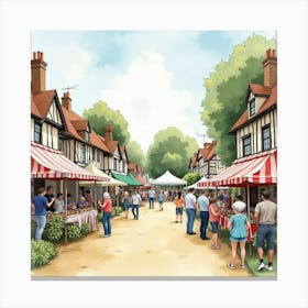 An English Village Fête With Stalls, Games, And Entertainment, Watercolor Canvas Print