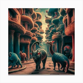 Dinosaurs In The City Canvas Print