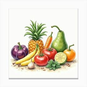 Charming Watercolor Artwork Of Colorful Veggies And Fruits In A Refined Setting 1 Canvas Print