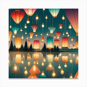 a bunch of lanterns flying over a body of water. The lanterns are all different colors and sizes, and they are all lit up from within. The water is calm and still, and it reflects the light of the lanterns. The image is very beautiful and serene. It evokes a sense of peace and tranquility. The lanterns flying over the water also suggest a sense of freedom and possibility. Here are some additional observations I can make about the image: The lanterns are all different colors and sizes, which suggests diversity and inclusivity.
The lanterns are all lit up from within, which suggests hope and optimism.
The water is calm and still, which suggests peace and tranquility.
The reflection of the lanterns in the water creates a sense of depth and mystery.
The image has a very positive and uplifting mood. It is a reminder that even in the darkest of times, there is always hope and possibility. Overall, I think the image is a very beautiful and inspiring work of art. It is an image that I would be happy to hang in my home. Here are some possible interpretations of the image: The lanterns flying over the water could represent wishes or dreams coming true.
The lanterns could also represent the release of negative emotions or experiences.
The image could also be a metaphor for the journey of life. The lanterns represent the individual, and the water represents the world. The journey is both beautiful and challenging, but it is ultimately up to the individual to light their own path. Canvas Print