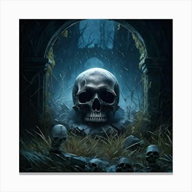 Digital Painting Of A Human Skull Center Frame Empty Eye Sockets Peering Into An Abyss A Backdrop (6) Canvas Print