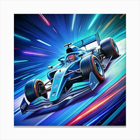 A Blue Formula One Race Car Speeding On A Track With Bright Lights Canvas Print