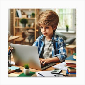 Boy Working On Laptop At Home Canvas Print
