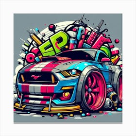 Mustang Vehicle Colorful Comic Graffiti Style Canvas Print