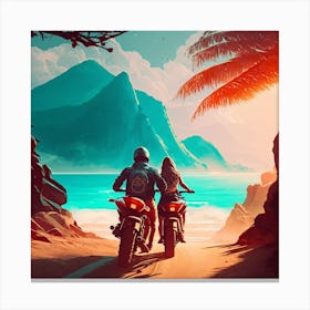 Two People Riding Motorcycles On The Beach Canvas Print