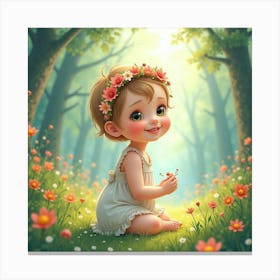 Baby Girl With A Floral Headband In A Magical Watercolor Forest Canvas Print