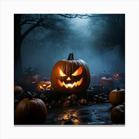 Fog Holiday Greeting Scarey Evil Dark Ominous Leaf Stripes Haunting Wood Carving Flames (25) Canvas Print