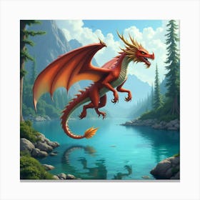 A Vibrant Dragon Circling Above A Crystal Clear, Enchanted Lake 1 Canvas Print