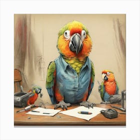 Parrots At The Desk Canvas Print