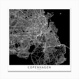 Copenhagen Black And White Map Square Canvas Print