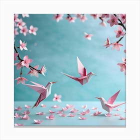Origami Birds Flying In Cherry Blossoms Canvas Print