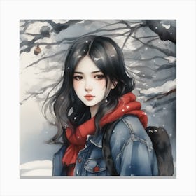 Asian Girl In The Snow Canvas Print