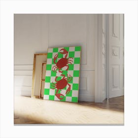 Crabs On A Checkered Floor - Green Canvas Print
