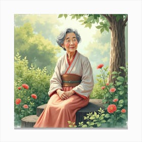 Portrait Of A Japanese Elder Woman Sitting In A Garden, Surrounded By Nature, With Gentle Light, Watercolor Canvas Print