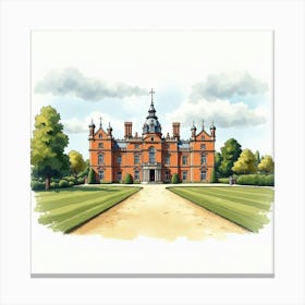 Watercolor Illustration Of The Blickling Hall In Norfolk, Featuring Its Grand Architecture And Scenic Surroundings Canvas Print