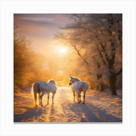 Two Unicorns In The Snow Canvas Print