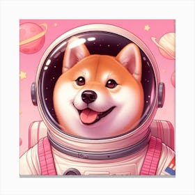 A Cute Happy Shiba Inu Astronaut On A Pink Background, Digital Art Canvas Print