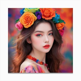 Asian Girl With Colorful Flower Crown Canvas Print