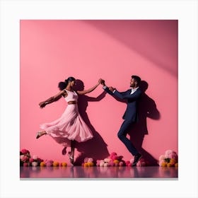 Young Couple Dancing On Pink Background Canvas Print