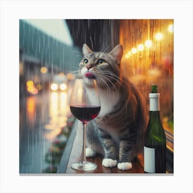 Cat Drinking Wine In The Rain 1 Canvas Print