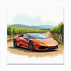 Lamborghini Huracán With A Watercolor Scenic Vineyard Backdrop 1 Canvas Print