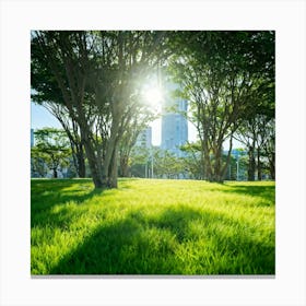 Bright Green Grass Under A Radiant Sun Swathed In Tokyo City Stands Out Against The Contrasting Sh (5) Canvas Print