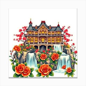 House With Roses And Waterfall Canvas Print