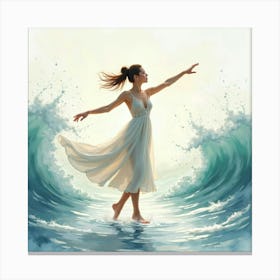 Elegant Dancer Amidst Watercolor Tranquil Waves 1 Canvas Print