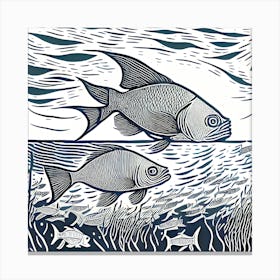 Fish In The Water Linocut Canvas Print