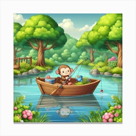 Monkey Fishing In A Boat 1 Canvas Print