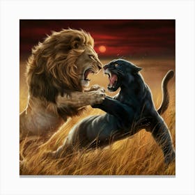 Lion And Panther Fighting Canvas Print