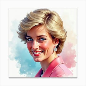 Beautiful Smiling Princess Diana, Colorful Watercolor Background 1 Canvas Print