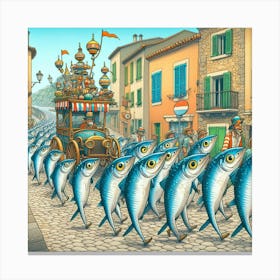 A Whimsical Sardine Parade Through A Mediterranean Village, Style Cartoon Illustration Canvas Print