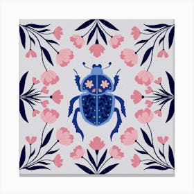 Beetle and flowers - peach and blue Canvas Print