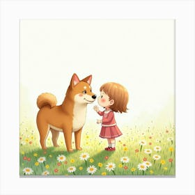 A Shiba Inu And A Little Girl Sharing A Moment In A Flower Filled Field, Watercolor Canvas Print