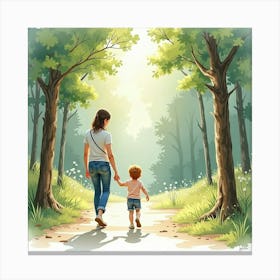 Watercolor Toddler Walking Hand In Hand With A Parent In A Forest Canvas Print